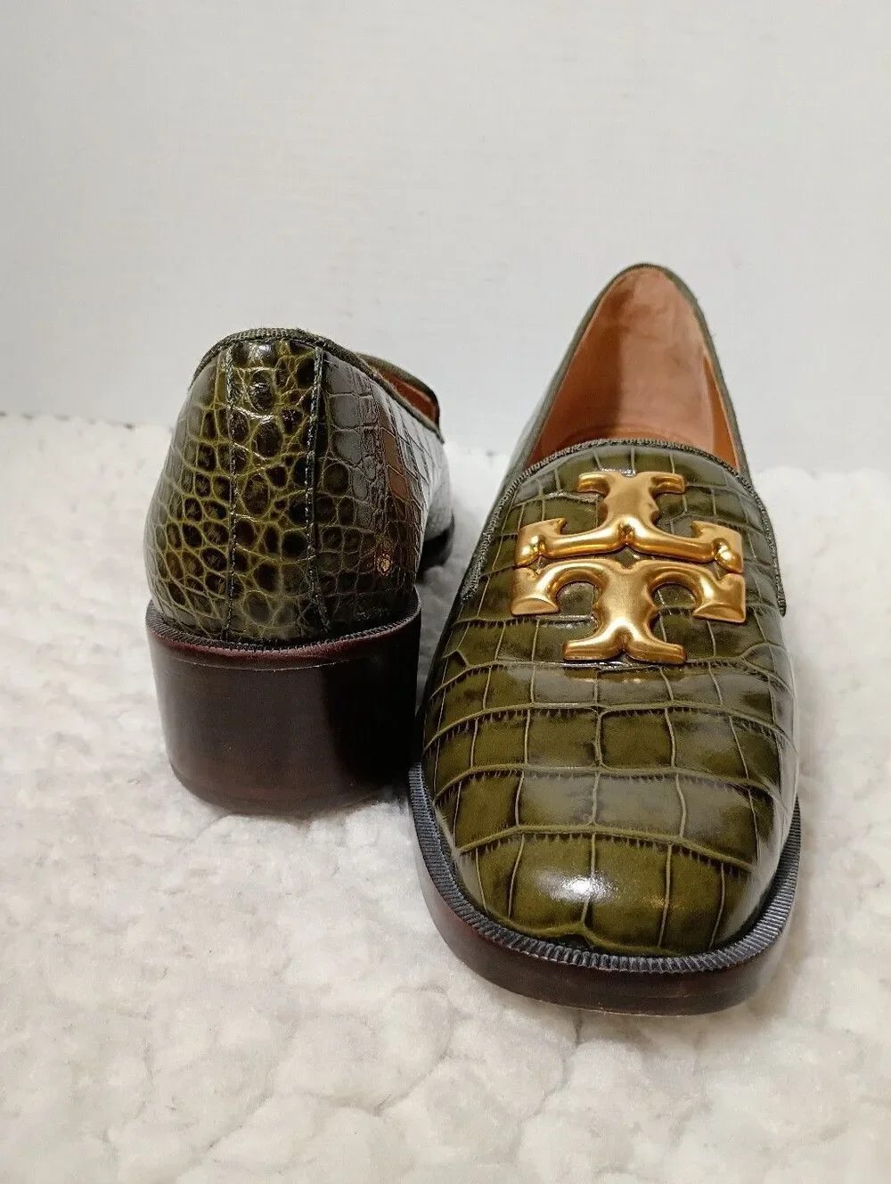 Tory Burch Eleanor Heeled Loafer 8.5 Green Croco Emboss Leccio Gold Logo Bazil